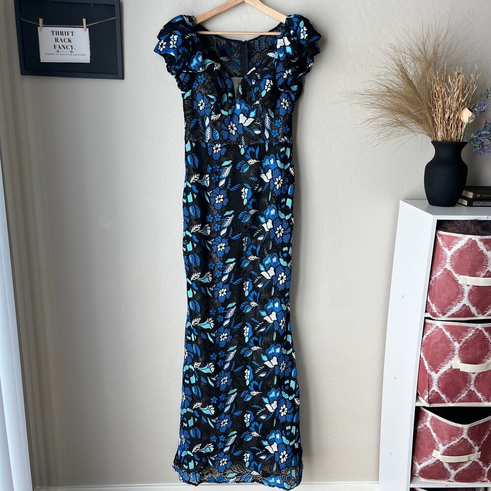 NEW Alexander by Daymor Gown Blue Black Lace Embroidered Dress Blk Blue Sz 6